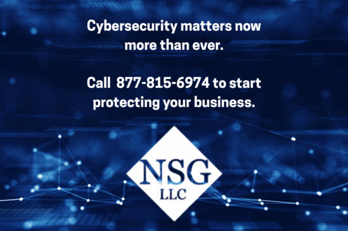 A graphic of the NSG logo with an abstract cyber background, as well as a call to action for cybersecurity and computer services in the Ann Arbor area.