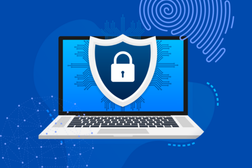 A graphic depicting a laptop with a thumb print and a cybersecurity shield.