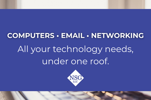 Blue background with white text "COMPUTERS • EMAIL • NETWORKING" and "All your technology needs, under one roof."