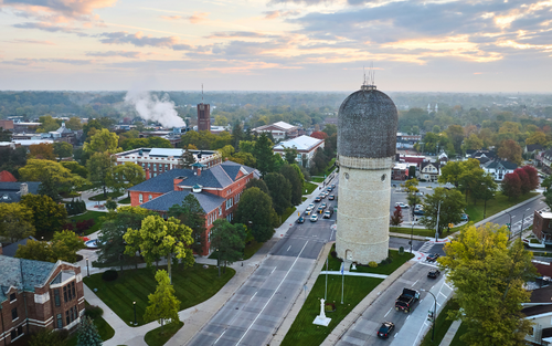 Downtown Ypsilanti, Michigan overlooking the university.