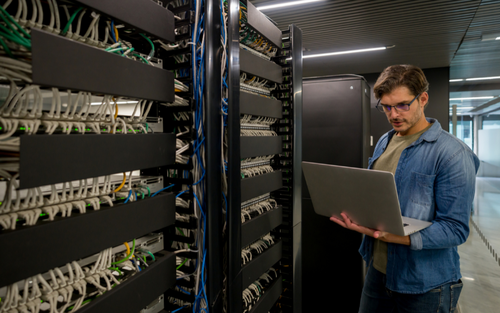 Person in a server room completing serve and computer service